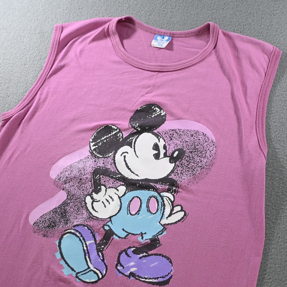 Disney Vintage 80s Mickey Mouse Sleeveless Graphic Tank Top Large Pink Made USA